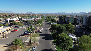 Drone photo of downtown facing towards the fountain down the Avenue of the Fountains